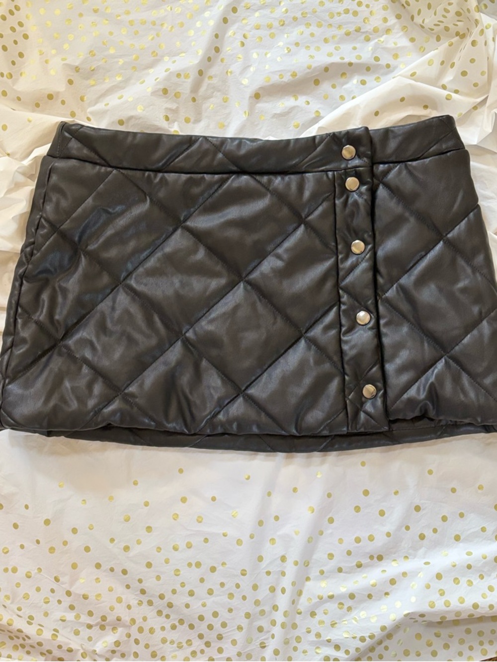 Fashion Nova Black Quilted Faux Leather Mini Skirt with Snap Detail